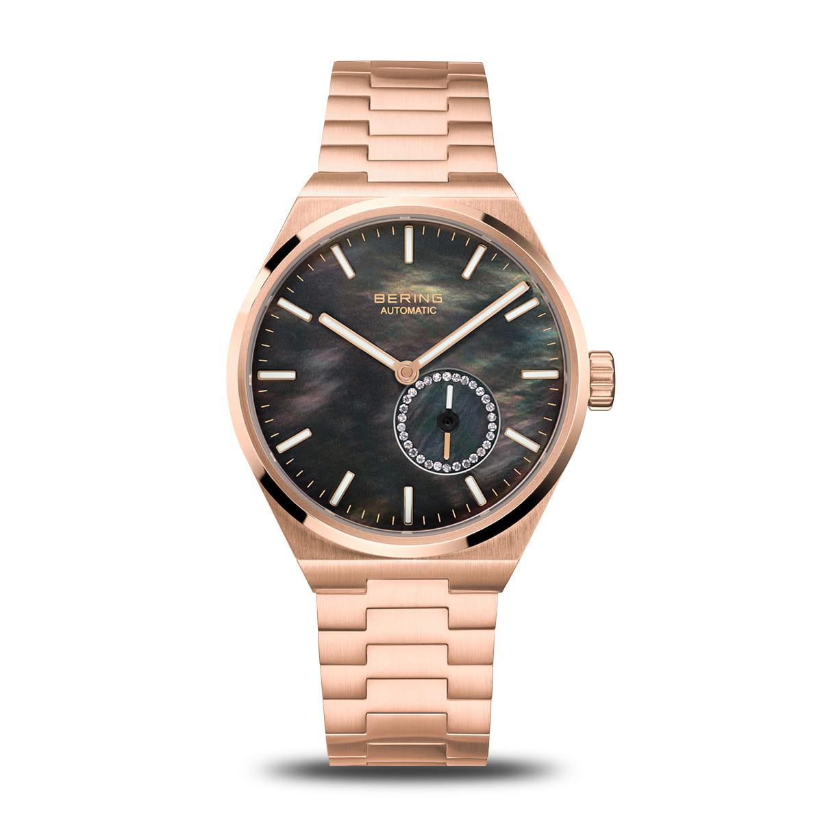Reloj de mujer con esfera negra, caja y pulsera de acero rosa, detalles en subesfera.