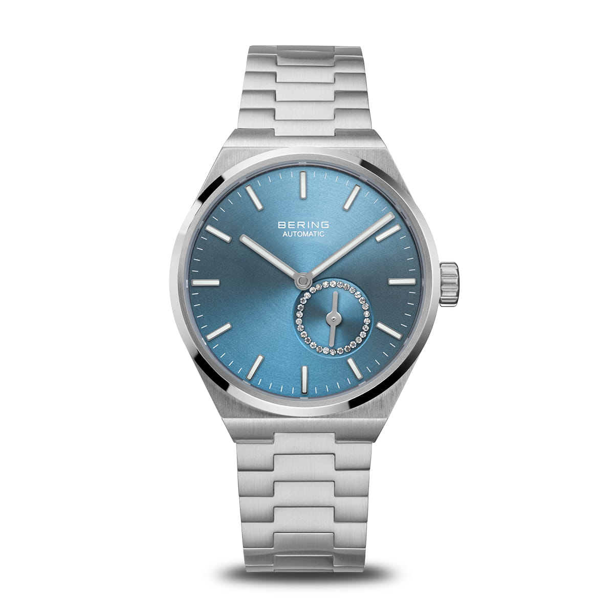 Reloj de dama con esfera azul, caja de acero inoxidable y correa de eslabones.