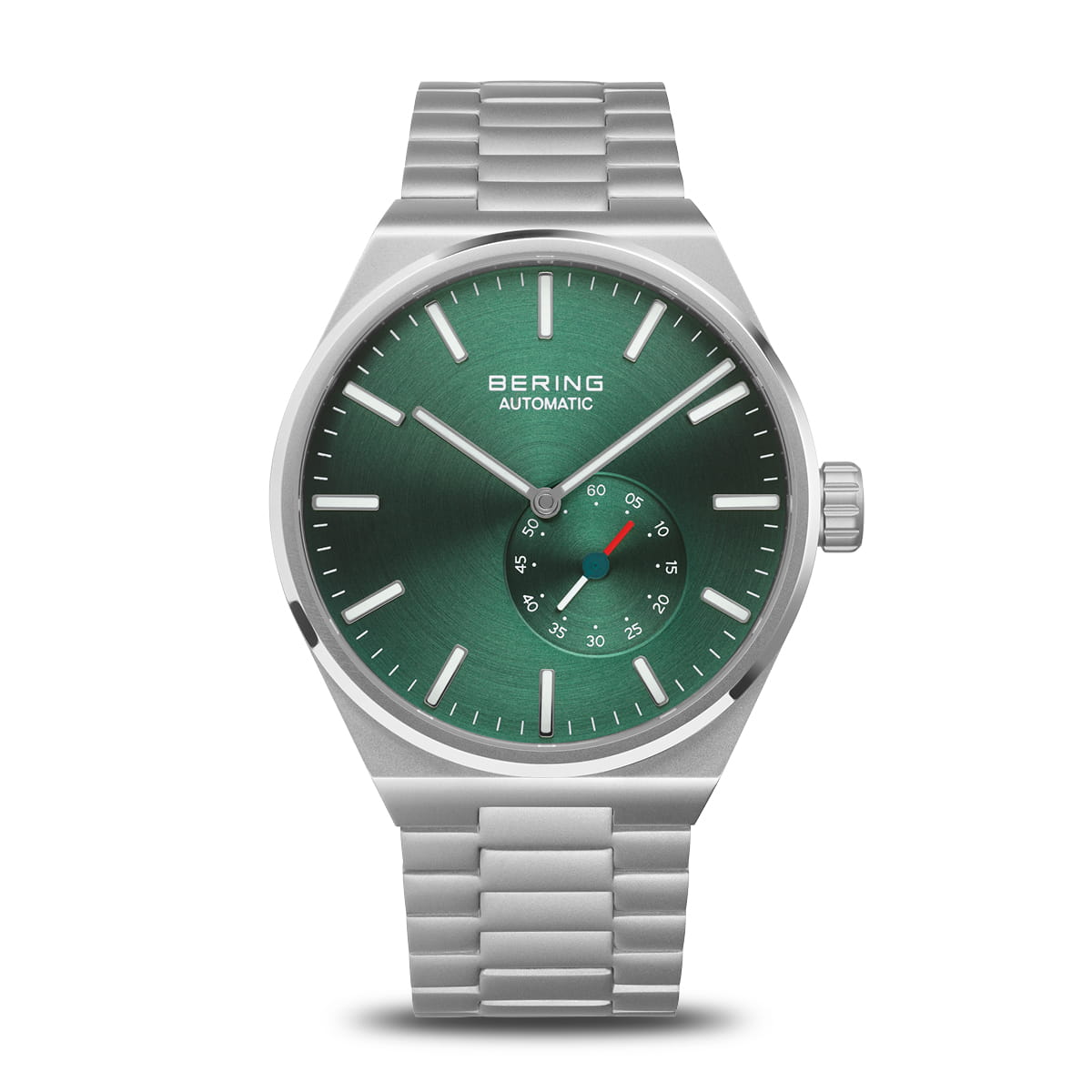 Reloj de hombre Bering con esfera verde, correa de acero inoxidable y detalles plateados.