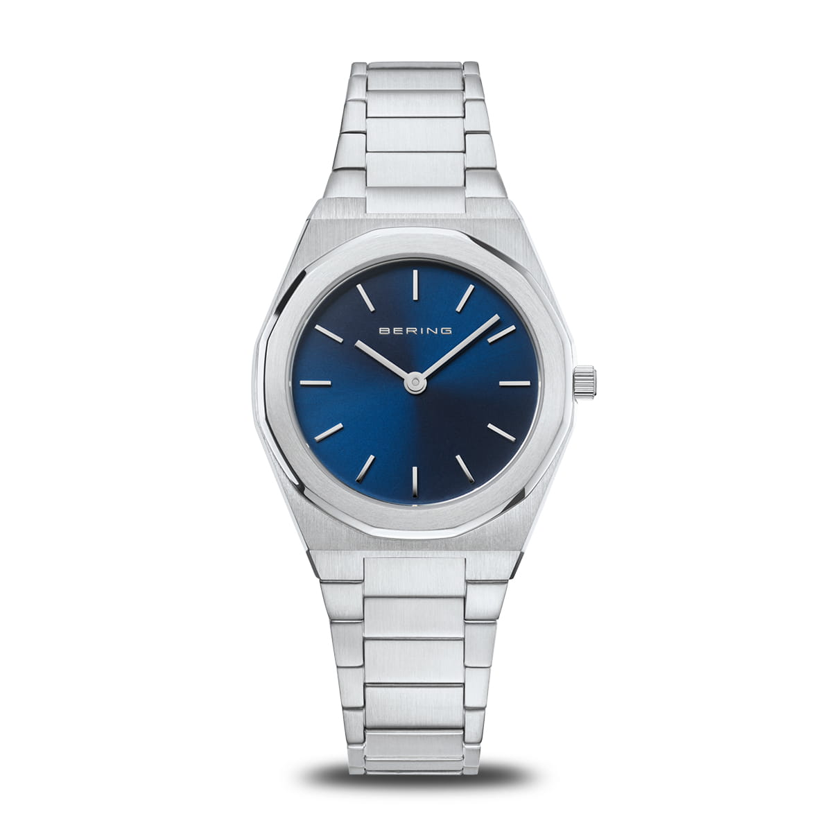Reloj de mujer con esfera azul, caja octagonal y pulsera de acero inoxidable.