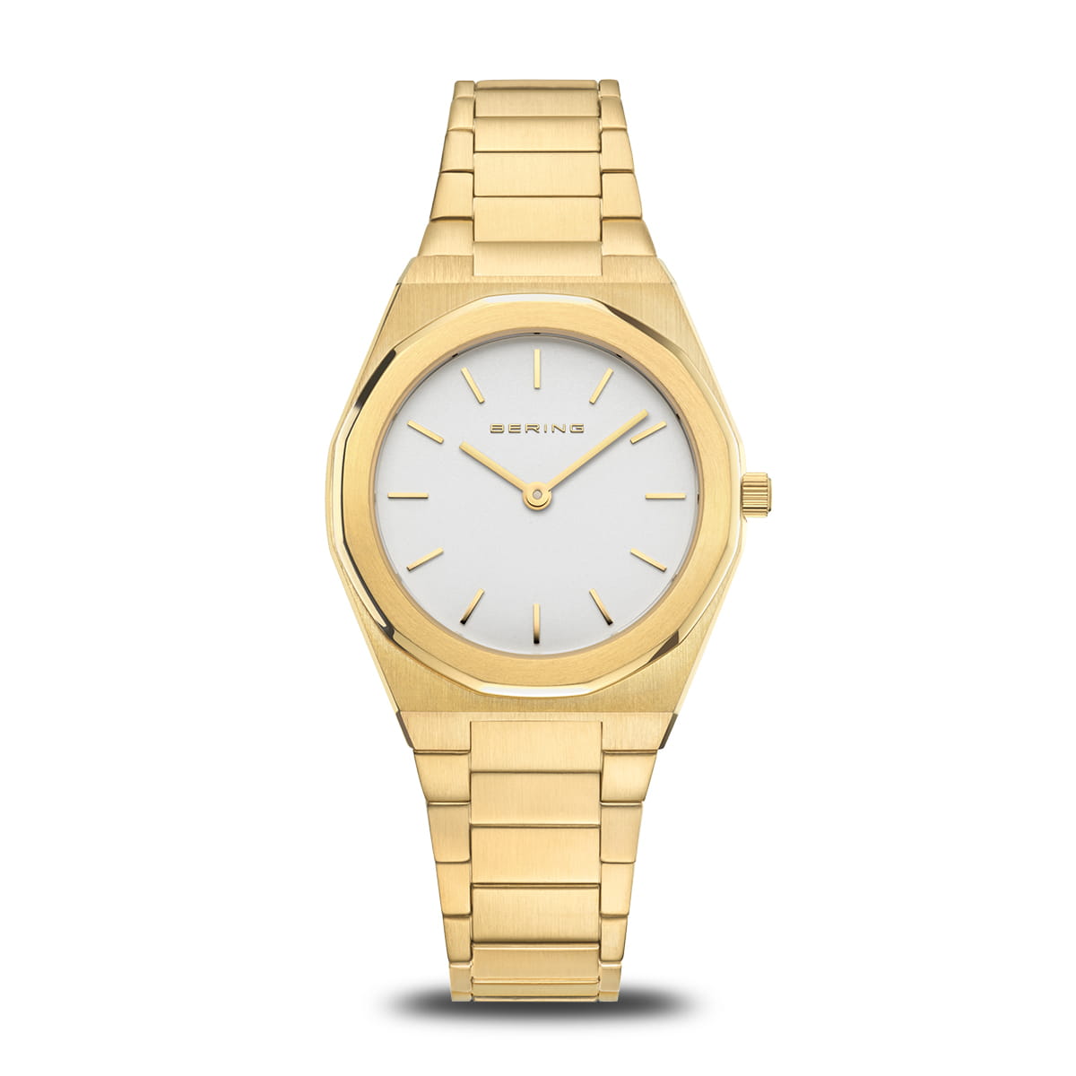 Reloj de mujer con esfera plateada y correa dorada, diseño octagonal y detalles minimalistas.