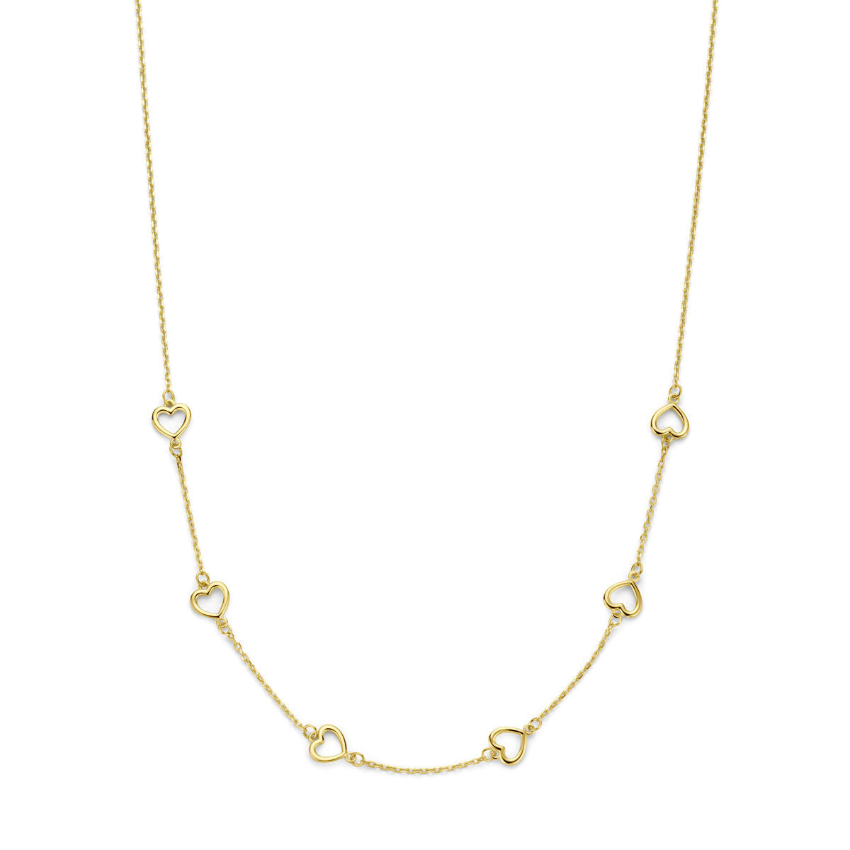 Collar de oro de 14K con pequeños corazones entrelazados.