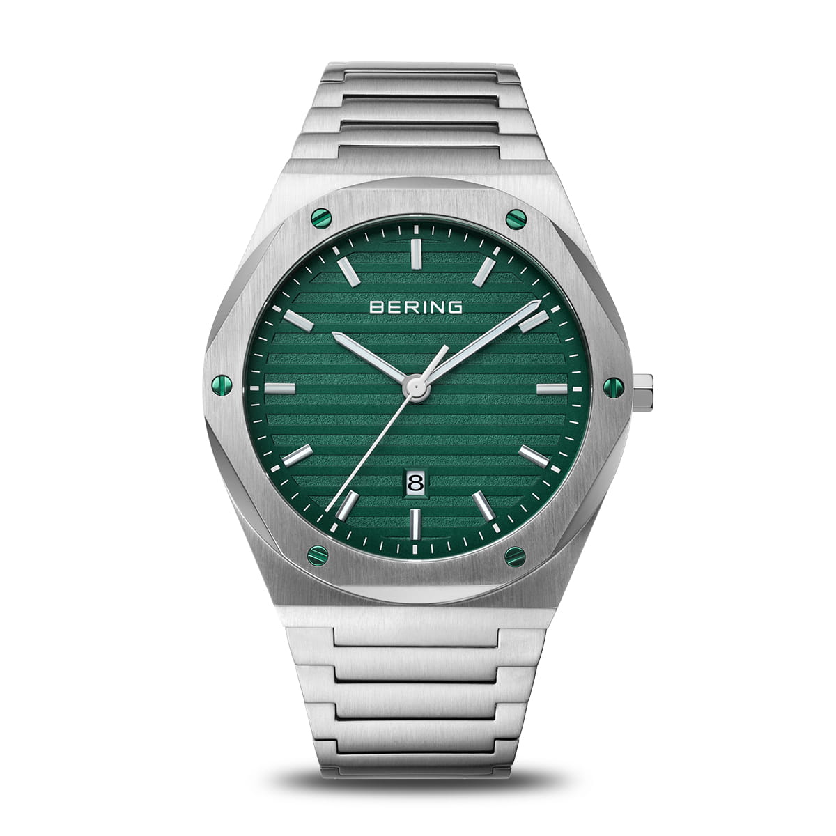 Reloj de hombre con esfera verde, caja de acero inoxidable y correa de eslabones.
