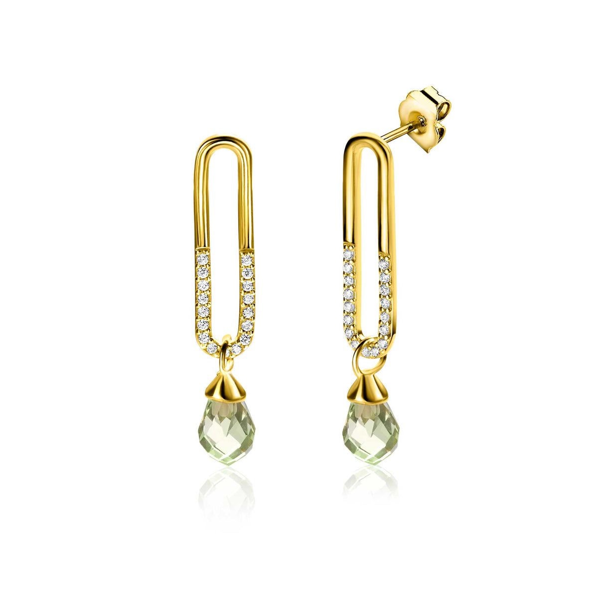 Pendientes de aro dorados con cristales y colgante en forma de gota.