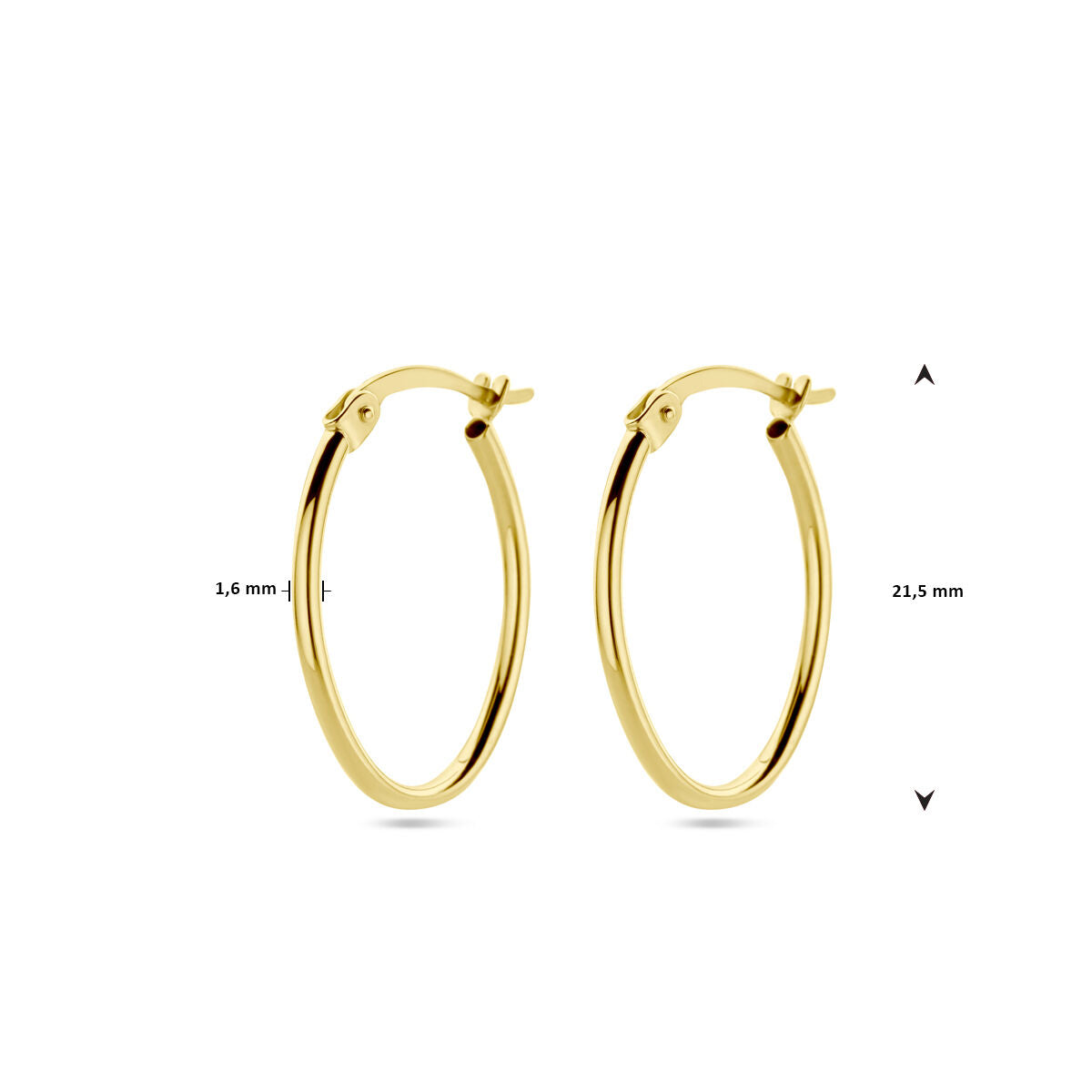 De Van der Kooij Collectie oorringen 1,6 mm ronde buis 14K geelgoud zijn voorzien van klinksluitingen en meten 1,6 mm dik bij 21,5 mm in diameter-perfecte dames oorbellen voor alledaagse elegantie.