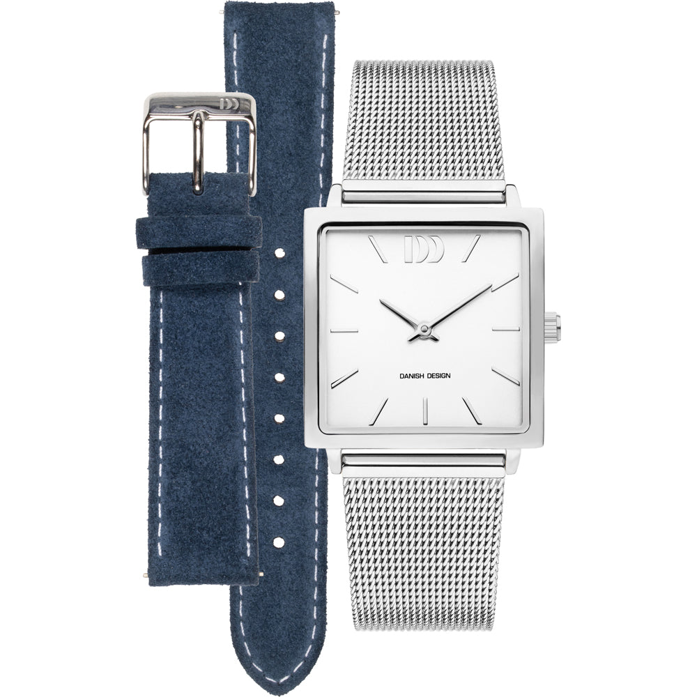 Reloj cuadrado con esfera blanca, correa de malla plateada y correa de ante azul.