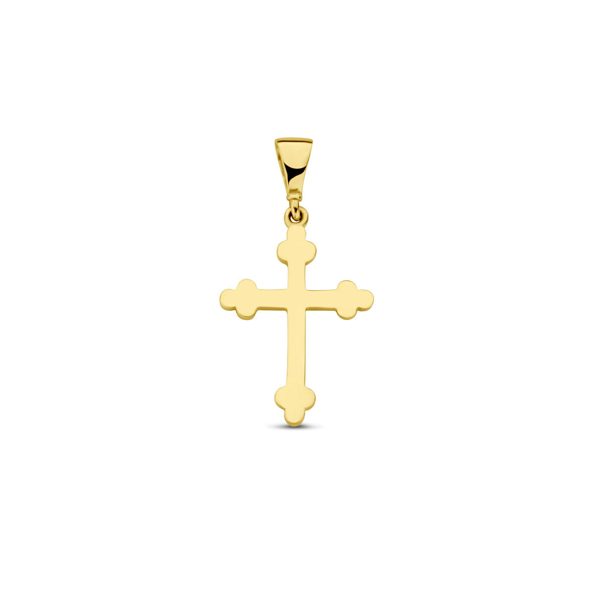 Colgante de cruz en oro amarillo de 14 quilates con un diseño sencillo y acabado pulido.