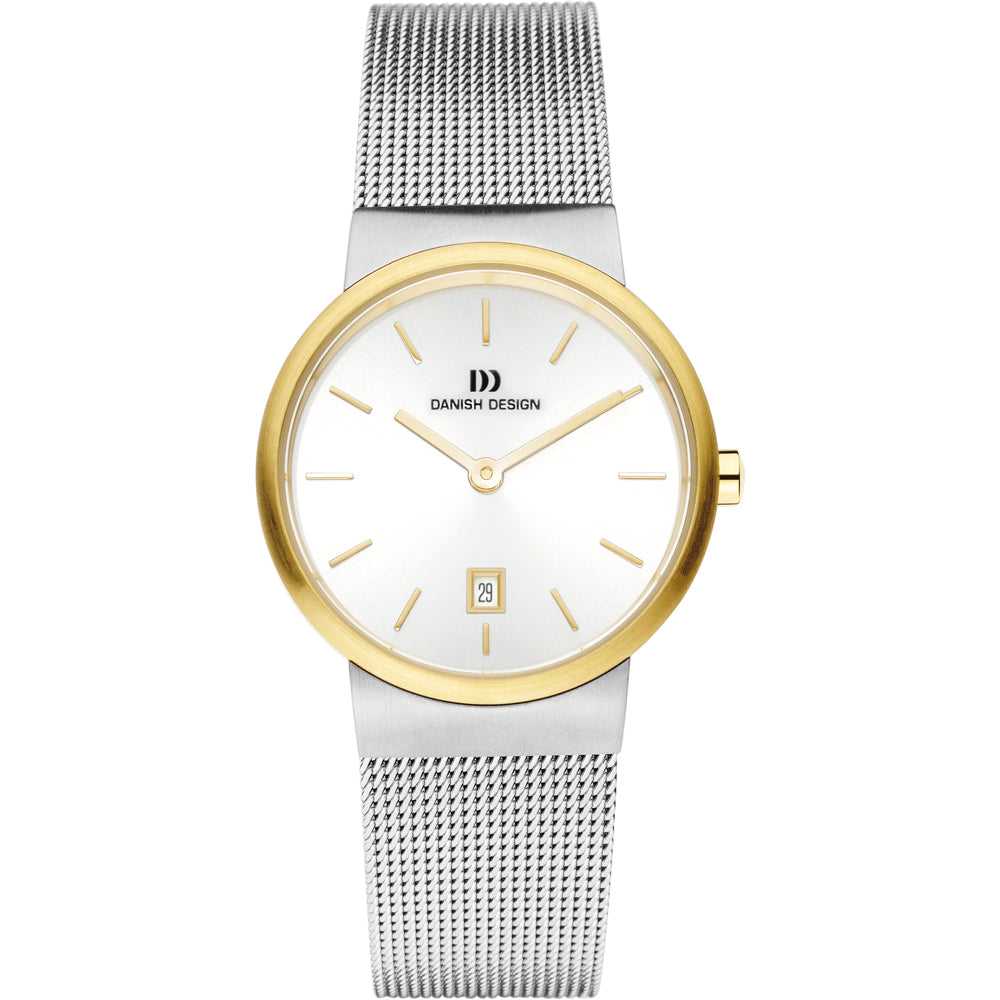 Reloj con esfera blanca, detalles dorados y correa de malla plateada.