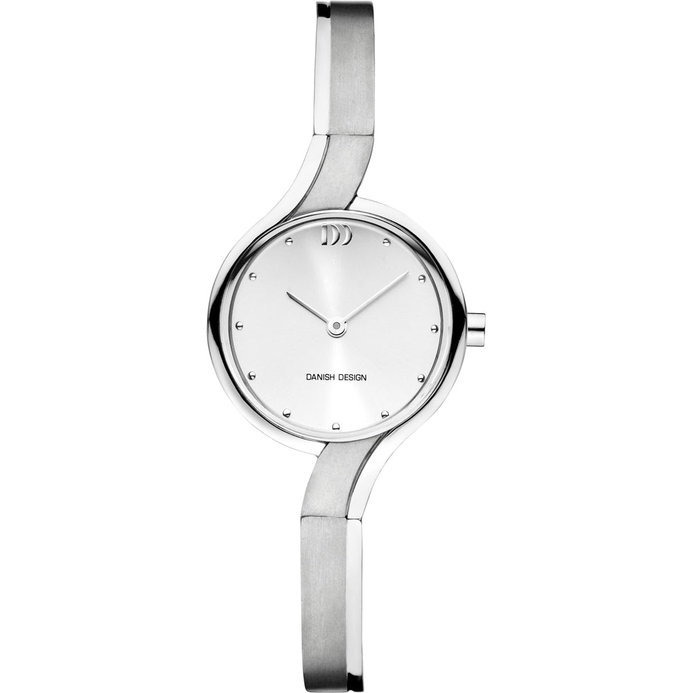 Reloj de esfera plateada con correa metálica y diseño minimalista.