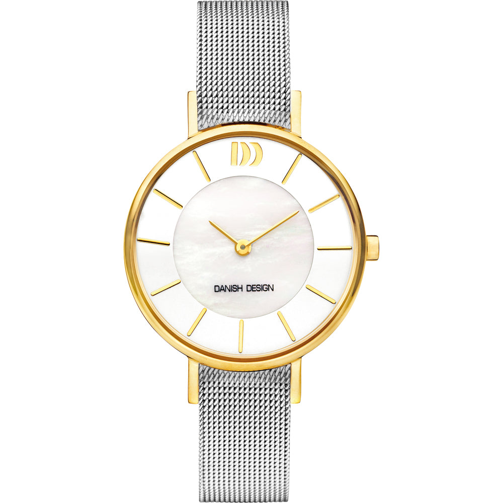 Reloj con esfera blanca de nácar, caja dorada y correa de malla plateada.
