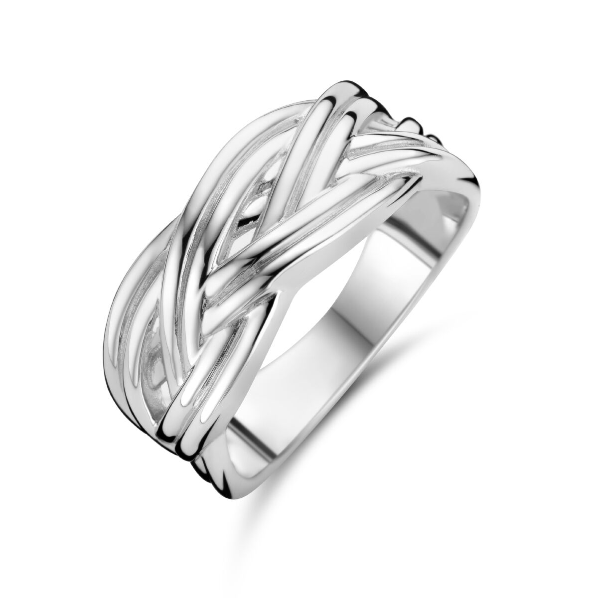 Anillo de plata trenzada con acabado rodiado.