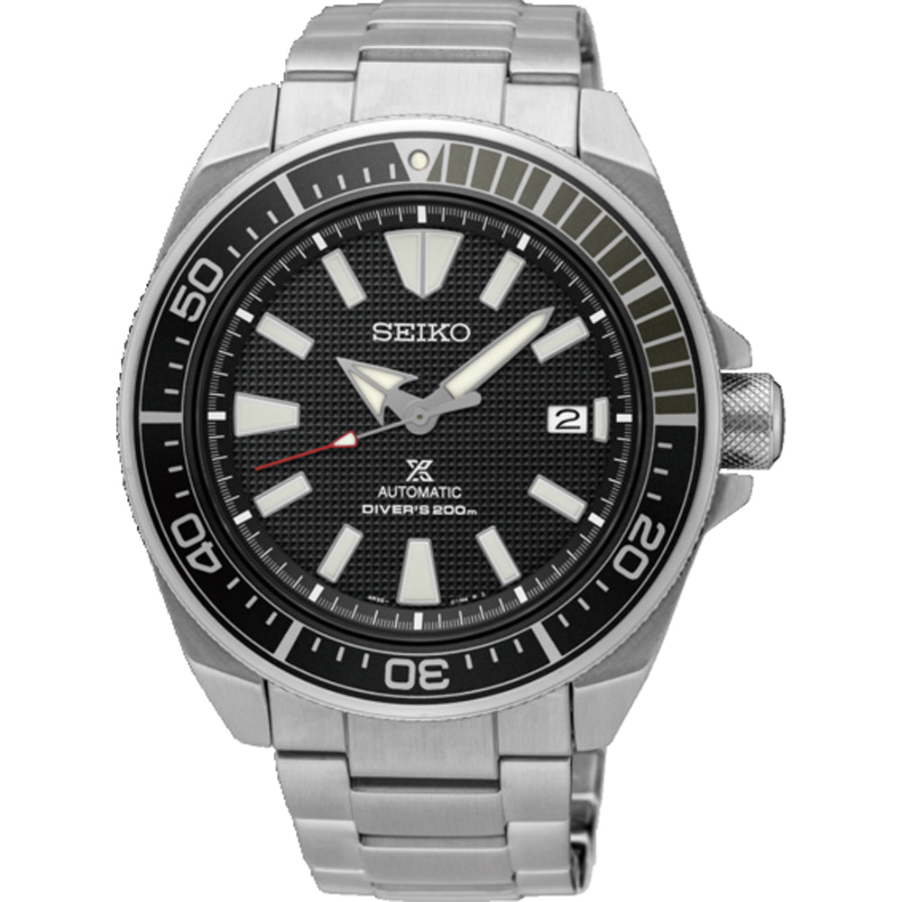 Reloj de buceo automático para hombre Seiko Prospex con caja de acero inoxidable y esfera negra.