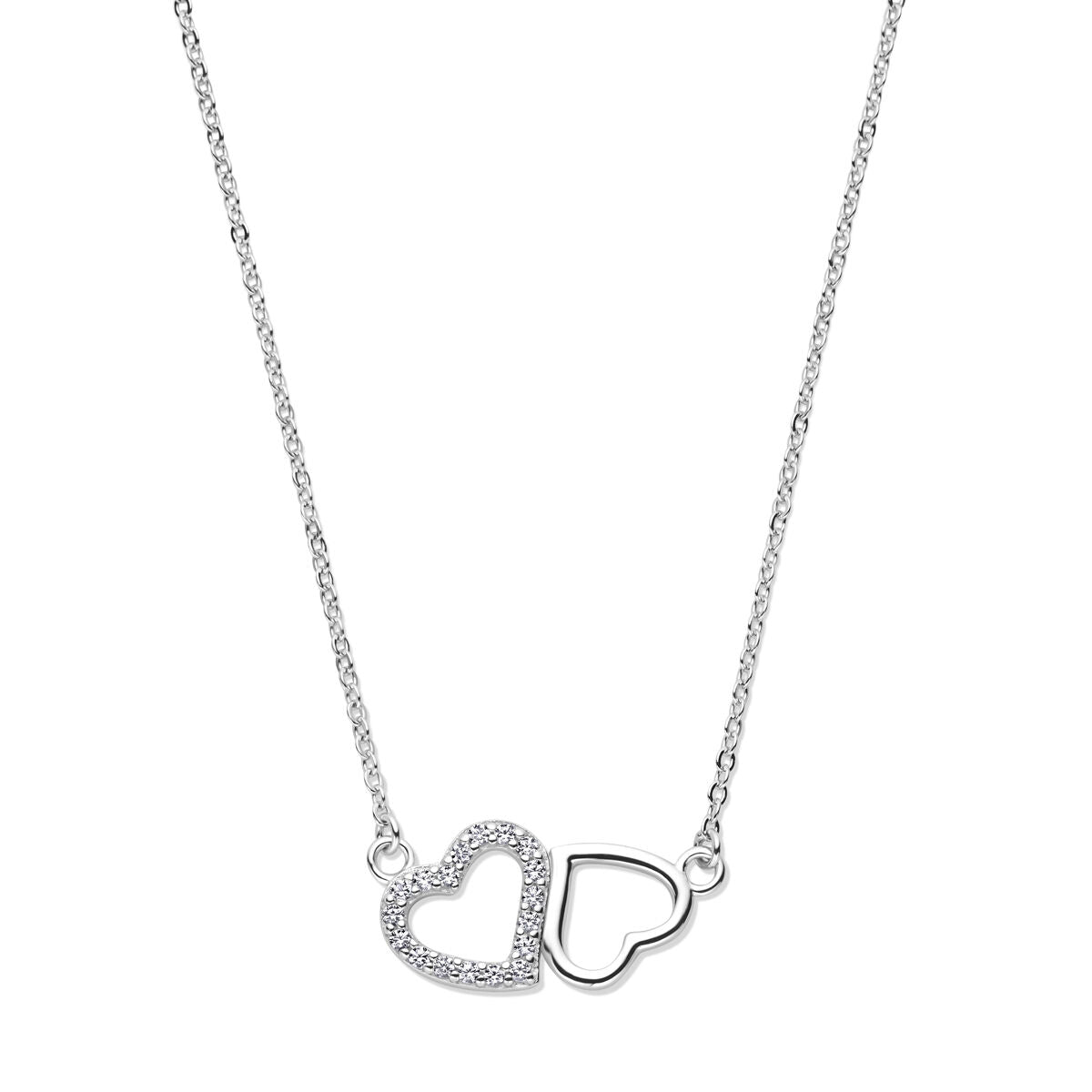 Collar de corazones con circonitas, en plata rodiada, de 42 + 3 cm de longitud.