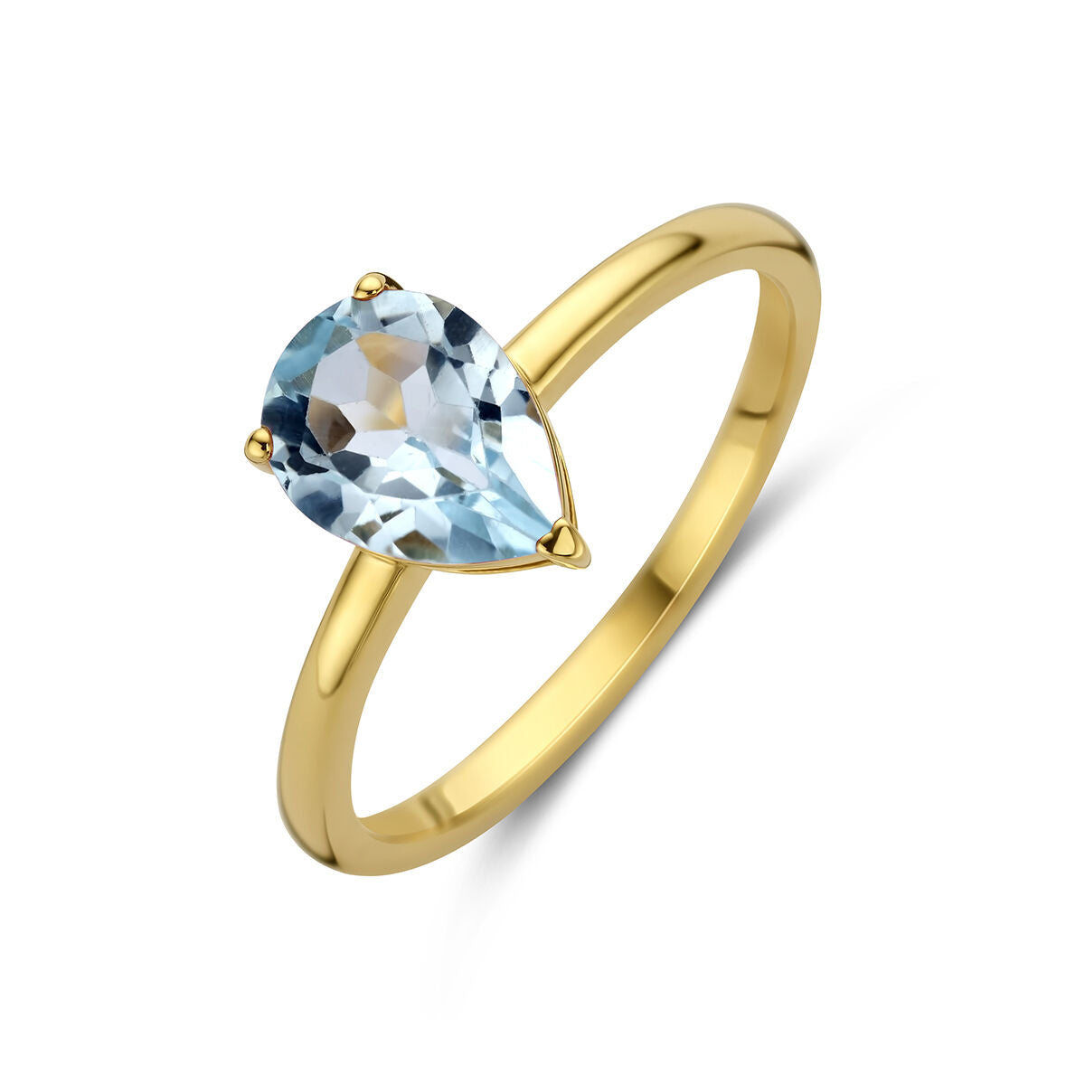 Anillo de oro amarillo de 14 quilates con topacio azul en forma de pera.