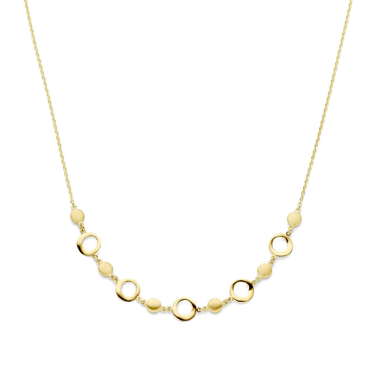 Collar de 42 + 2 cm en oro amarillo de 14K, con acabado pulido y mate, con eslabones redondos.