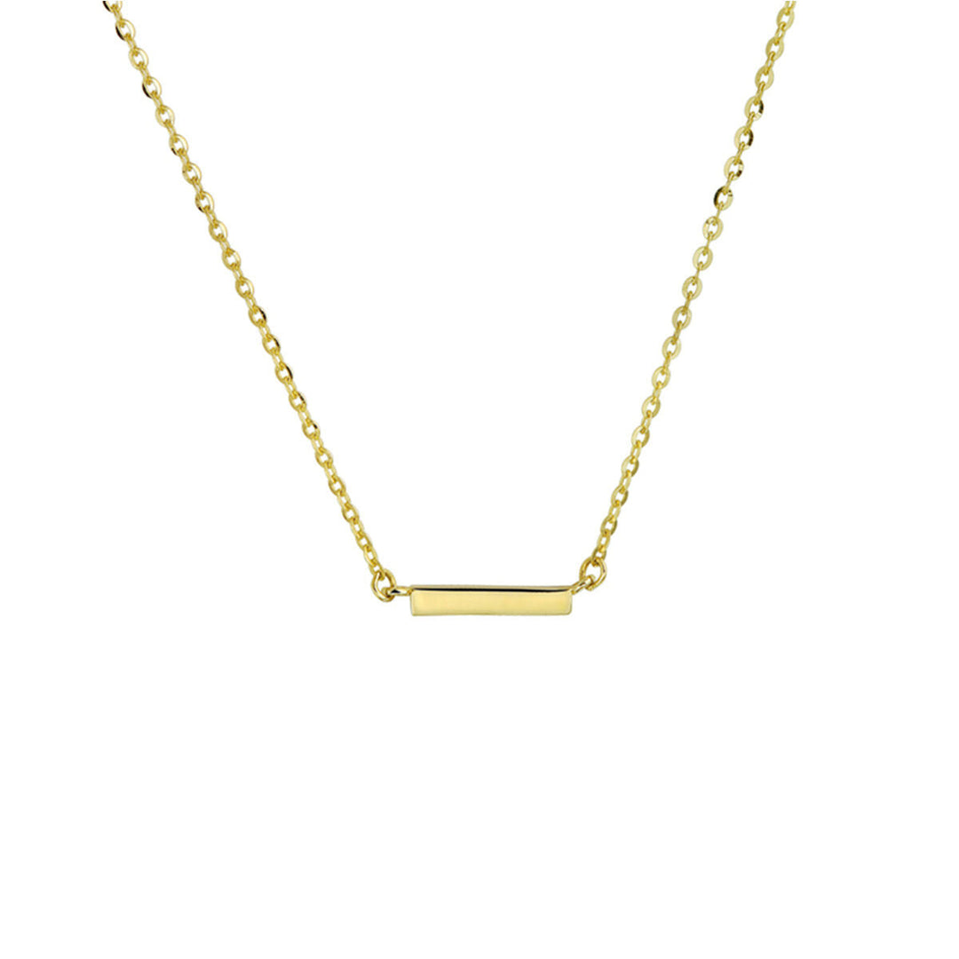 Het Van der Kooij Collectie collier balkje 41 + 4 cm is een delicate 14K geelgoud damesketting met een klein horizontaal balkje aan een ankerschakelketting, getoond tegen een witte achtergrond.