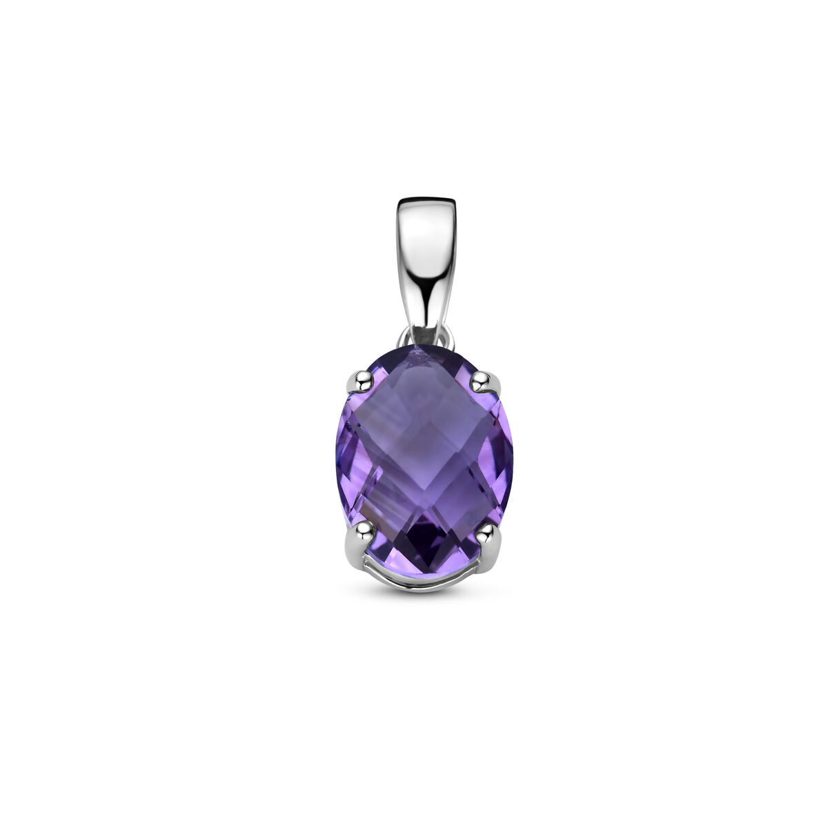 Colgante de amatista ovalado con engaste de plata rodiada.