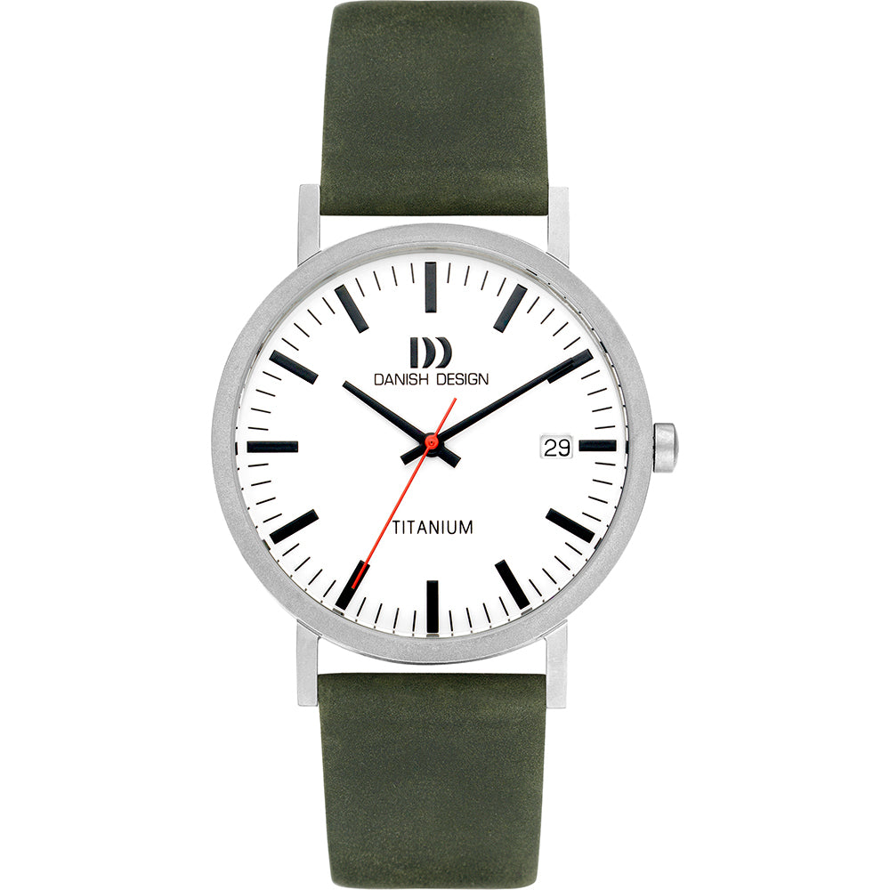 Reloj de titanio con esfera blanca, correa verde y detalles en negro y rojo.