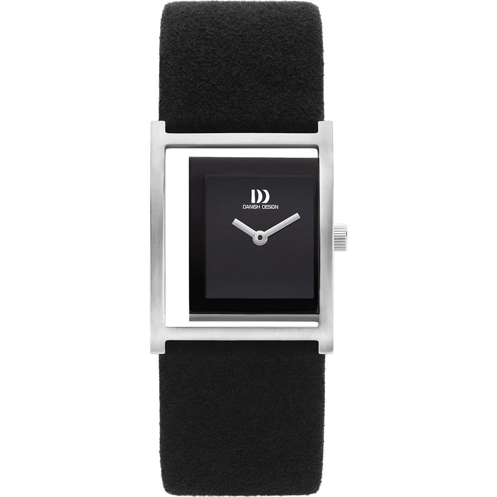 Reloj de dama con esfera negra, caja rectangular plateada y correa de cuero negra.