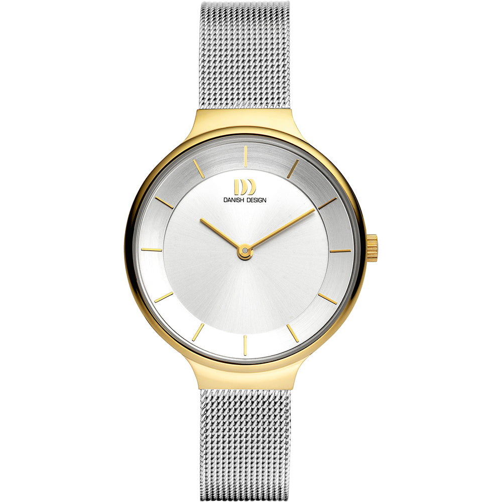 Reloj con esfera plateada, detalles dorados y correa de malla metálica plateada.