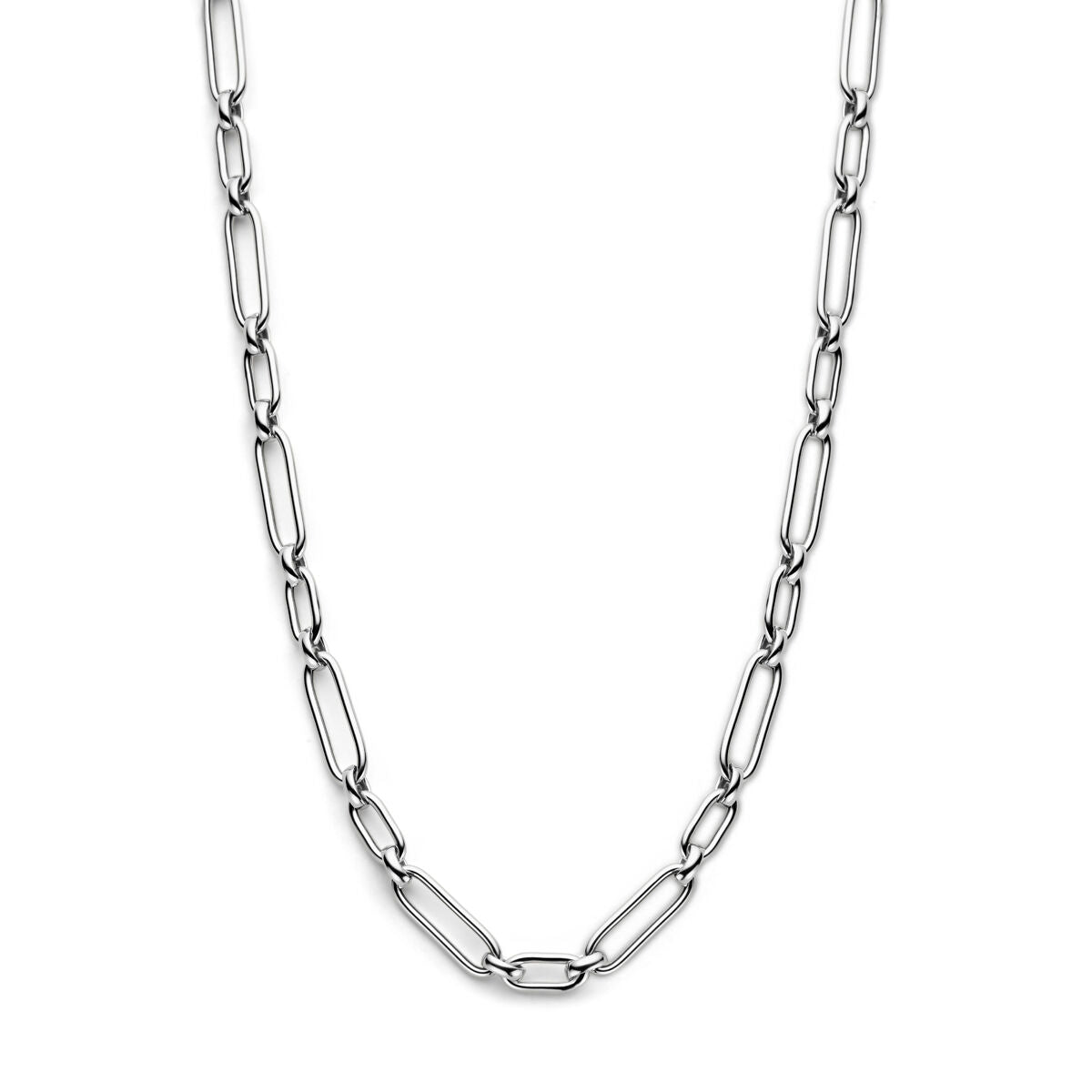 cadena de plata para dama, rhodinizada, con eslabones alargados y forma ovalada.