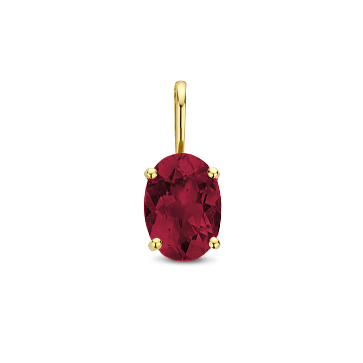 De "hanger rhodoliet 14K geelgoud" van Van der Kooij Collectie heeft een ovale gefacetteerde rhodoliet edelsteen gezet in vier tanden, tegen een witte achtergrond.