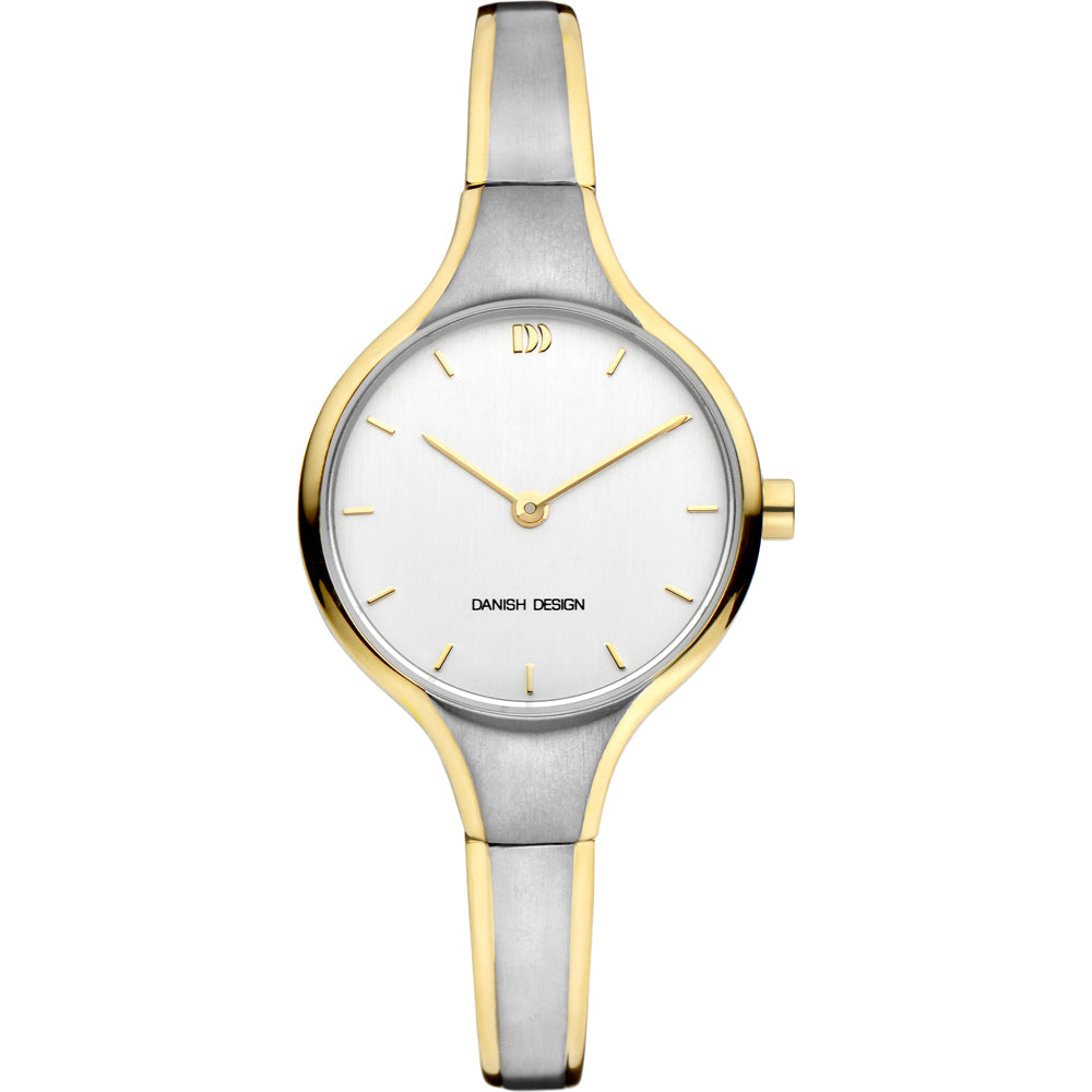 Reloj de esfera blanca con correa bicolor, dorada y plateada, y detalles minimalistas.