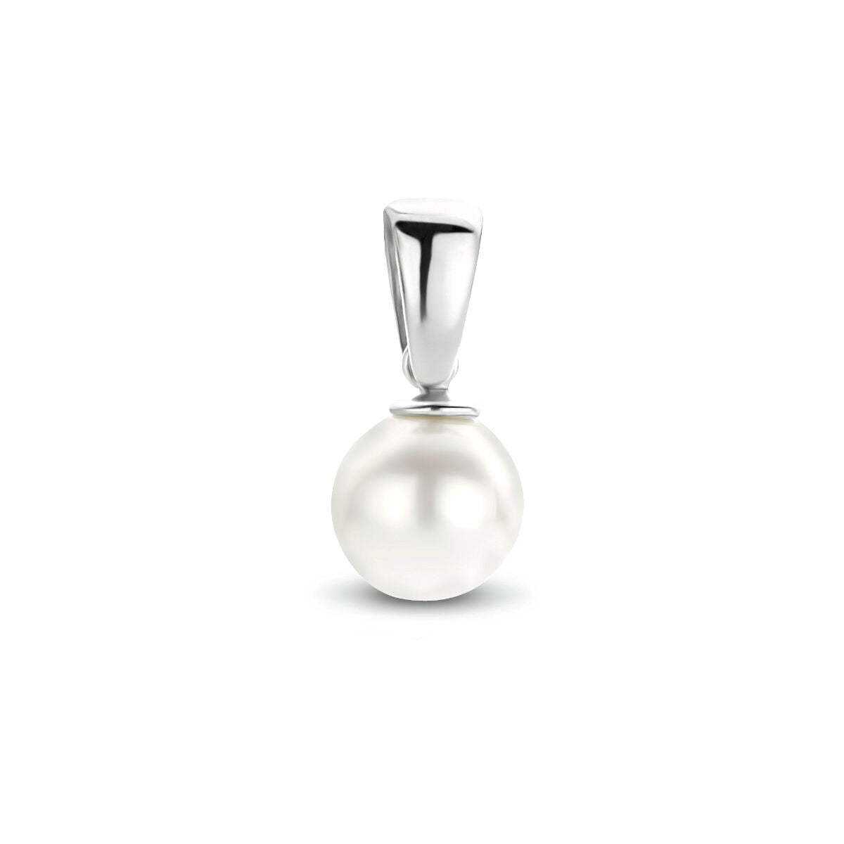 Colgante de perla en oro blanco de 14 quilates, con un diseño simple y brillante.