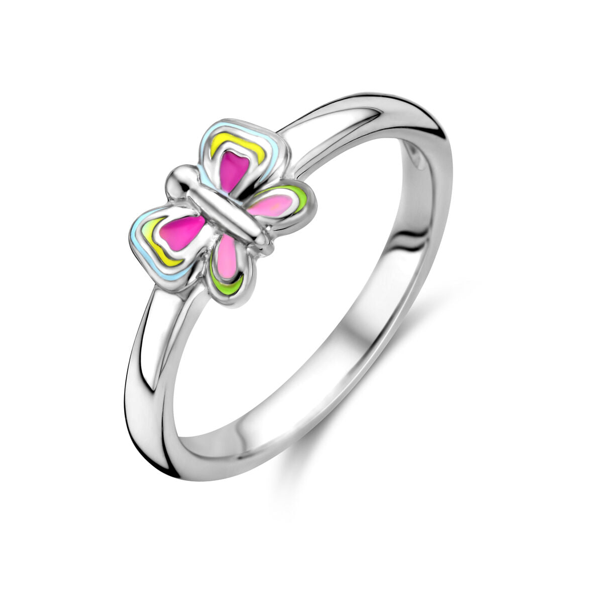 Anillo de mariposa en plata rodiada con detalles en colores rosa y amarillo.