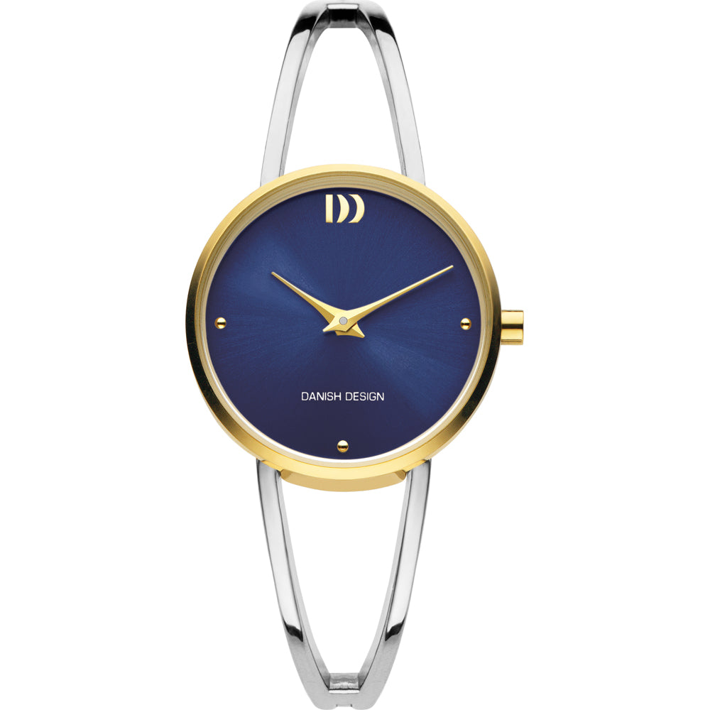 Reloj con esfera azul, caja dorada y correa plateada, diseño minimalista y elegante.
