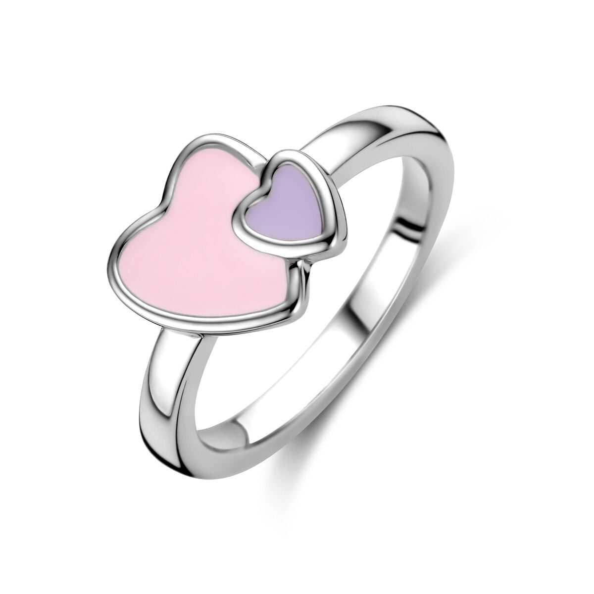 Anillo de plata rodiada con dos corazones, uno rosa y otro lila.