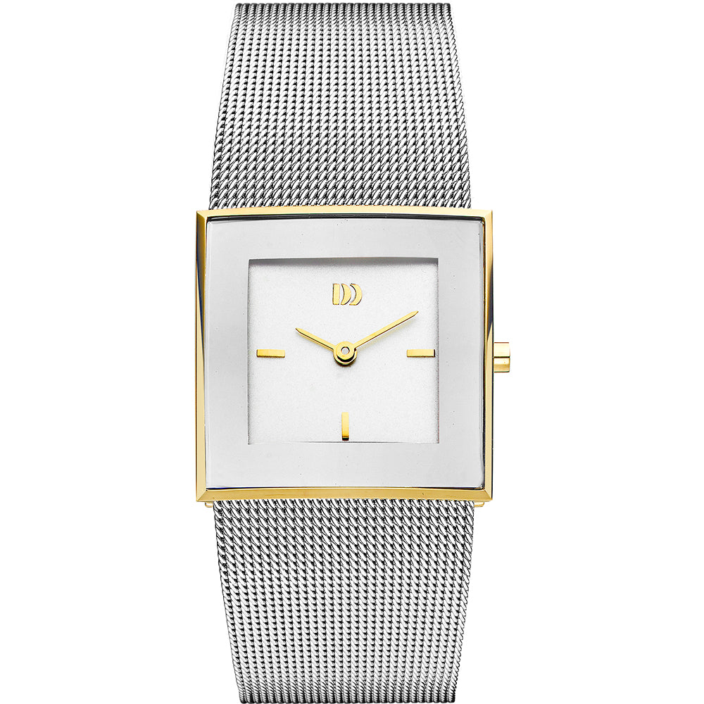 Reloj de dama con esfera blanca, caja cuadrada dorada y correa de malla plateada.