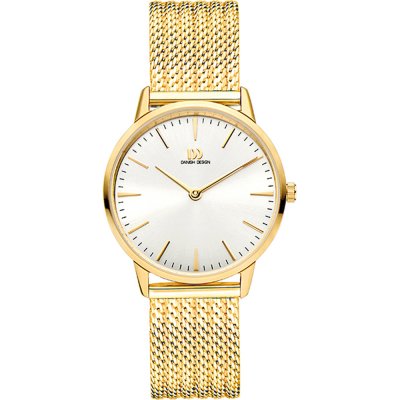 Reloj con esfera plateada, correa de malla dorada y detalles minimalistas en la carátula.