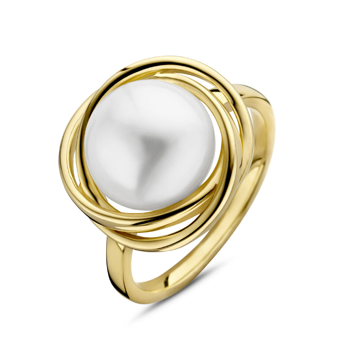Anillo de oro amarillo de 14 quilates con una perla central y diseño en espiral.