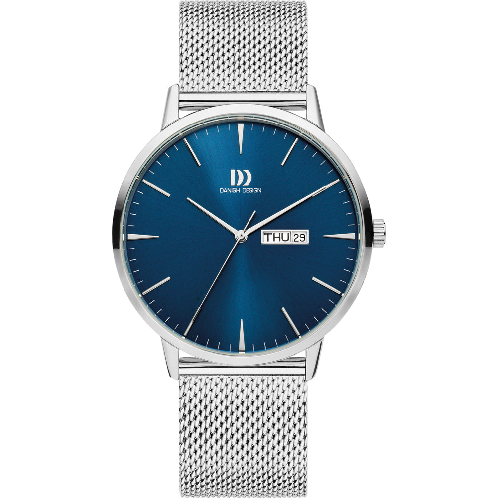Reloj con esfera azul, caja plateada y correa de malla metálica.