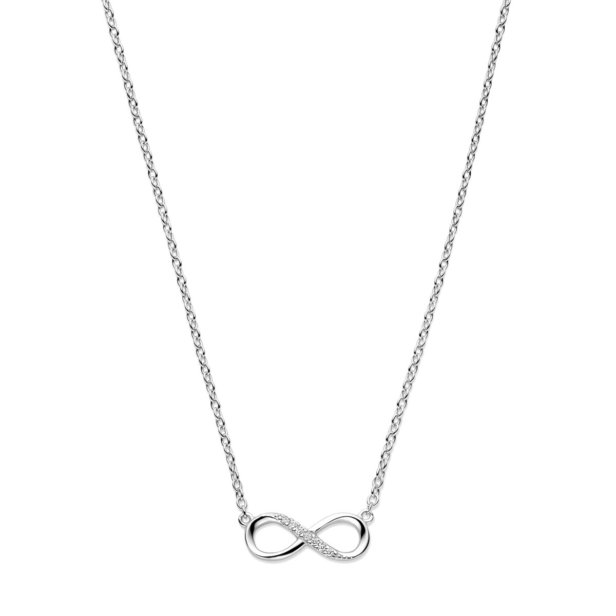 Cadena de plata para dama con símbolo de infinito y circonitas, rodiada.