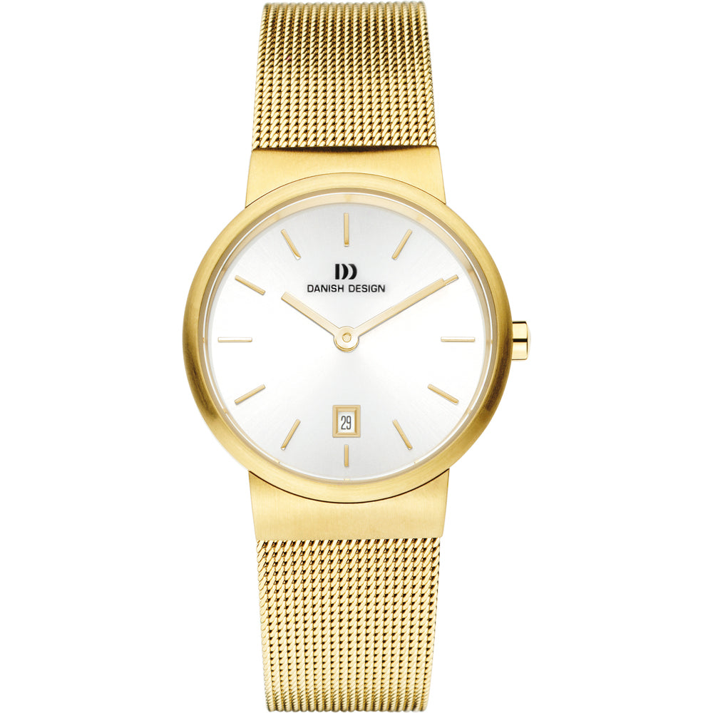 Reloj de esfera blanca con caja dorada y correa de malla dorada.