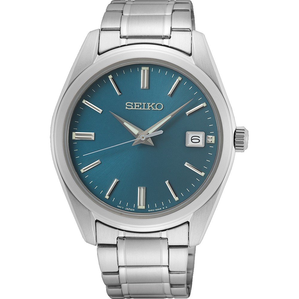 Reloj de hombre Seiko con esfera azul, caja de acero inoxidable y correa de acero.