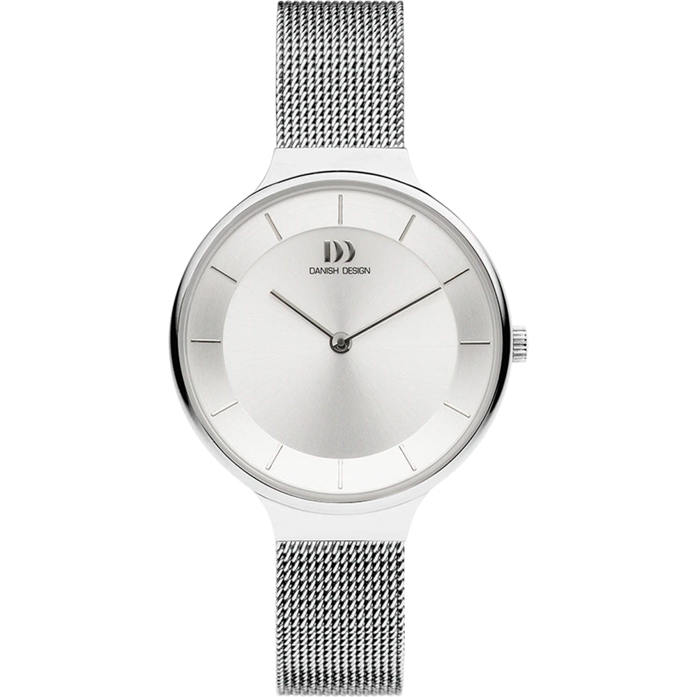 Reloj de esfera plateada con correa de malla metálica y diseño minimalista.