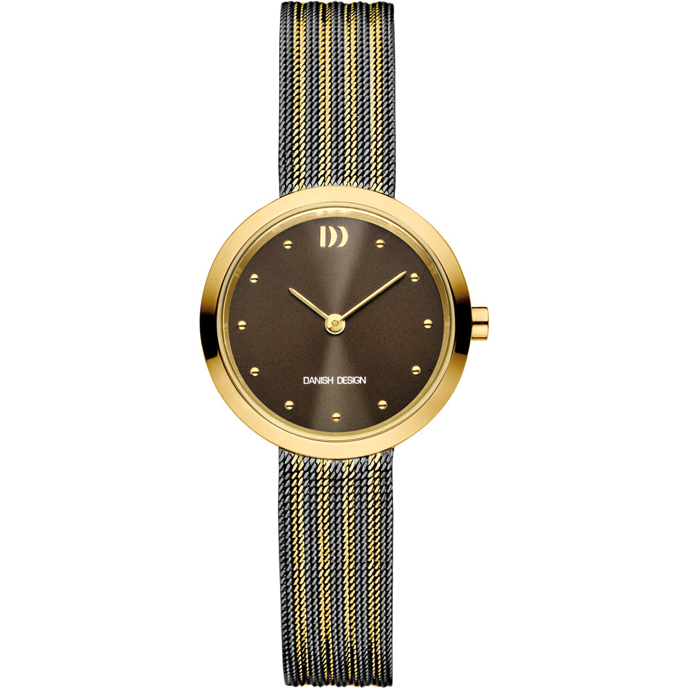 Reloj con esfera marrón, caja dorada y correa de malla negra y dorada.