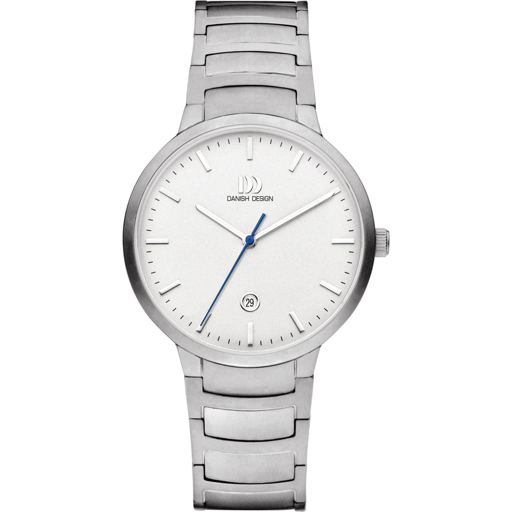 Reloj de acero inoxidable con esfera blanca y manecillas azules, correa de eslabones.