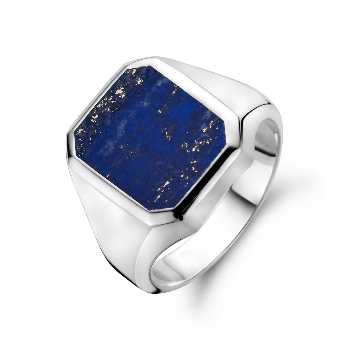 Anillo de sello de lapislázuli macizo de 13 x 11 mm con acabado en plata blanca.