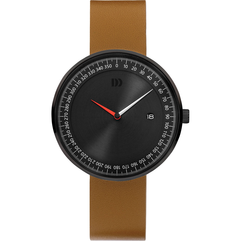 Reloj con esfera negra, correa de silicona marrón y detalles en rojo.