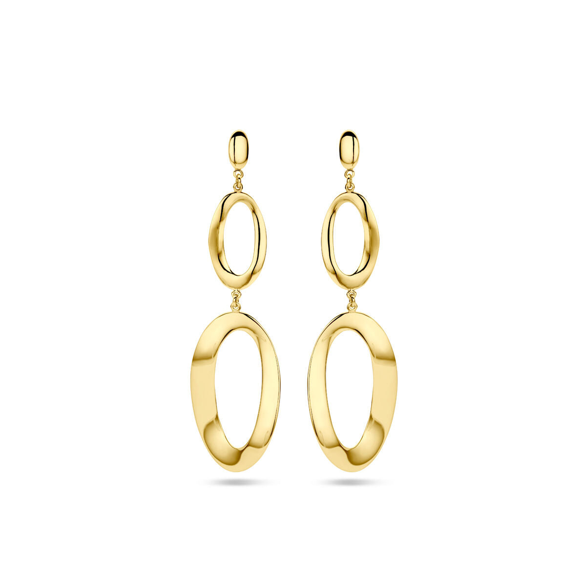 Pendientes largos de oro amarillo de 14 quilates con forma ovalada y diseño entrelazado.