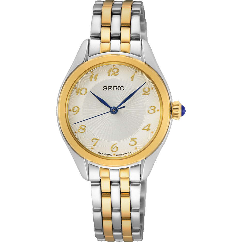 Reloj de dama Seiko con esfera plateada, caja de acero inoxidable bicolor y correa de eslabones.