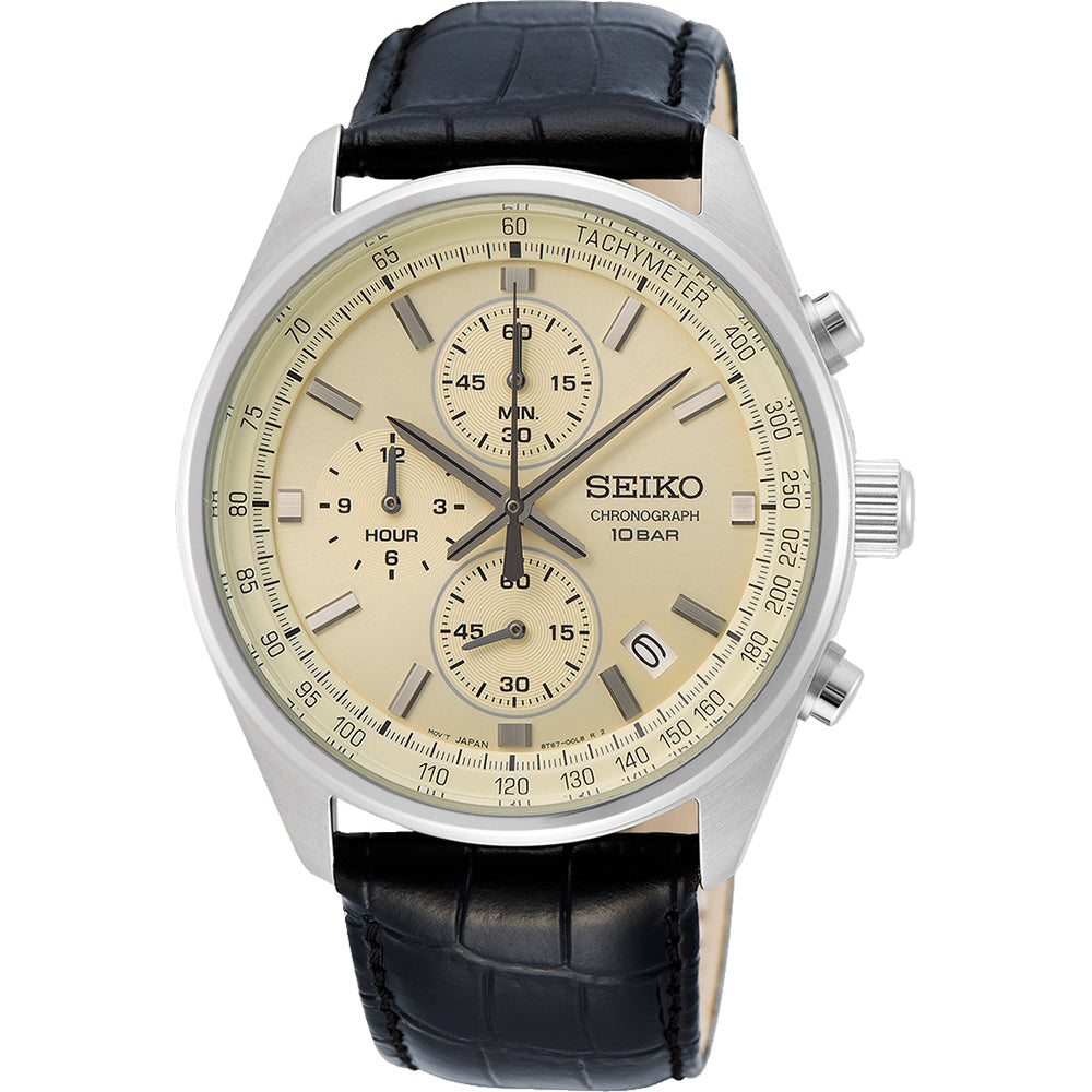 Reloj de hombre Seiko con esfera beige, caja de acero inoxidable y correa de cuero negro.