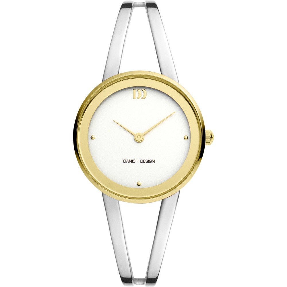 Reloj de esfera blanca con caja dorada y correa de acero inoxidable plateada.
