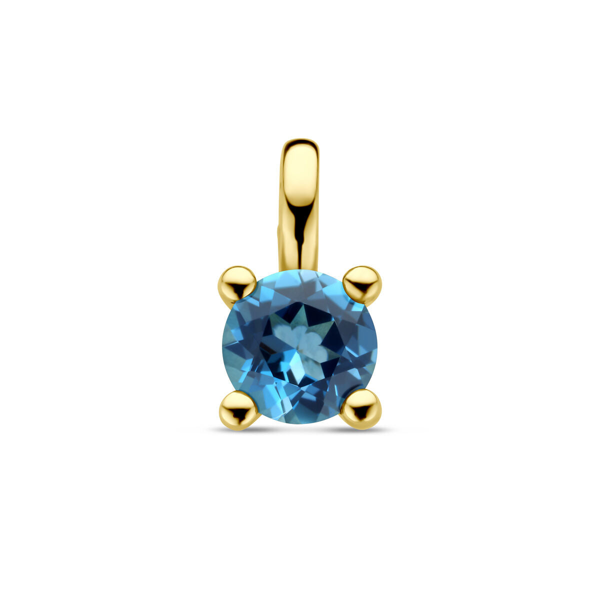 Colgante de topacio azul londinense en oro amarillo de 14 quilates, con un diseño sencillo y brillante.