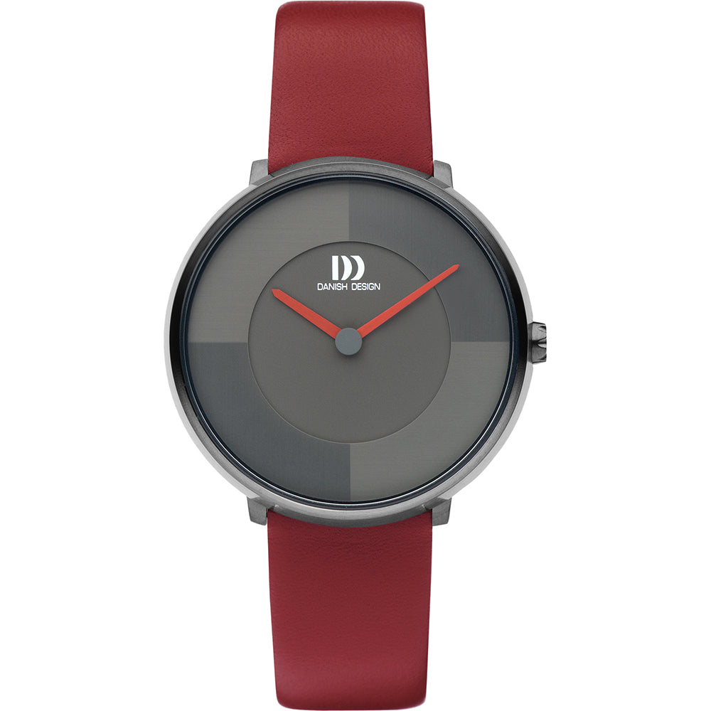 Reloj con esfera gris y detalles en rojo, correa de silicona roja y caja metálica.
