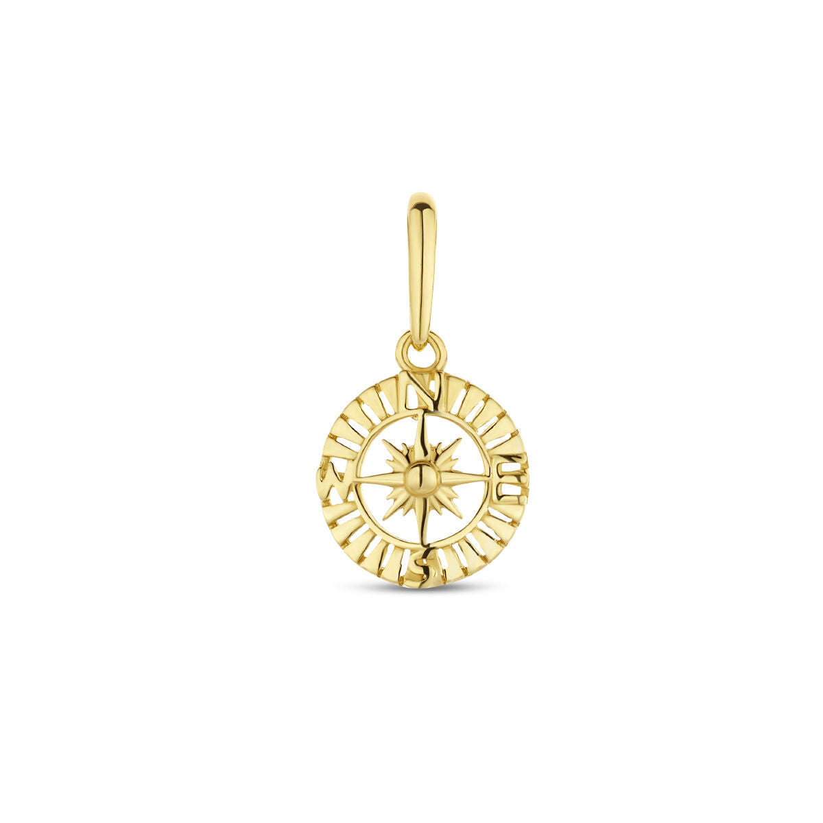 Colgante de brújula en oro amarillo de 14 quilates con detalles en relieve.